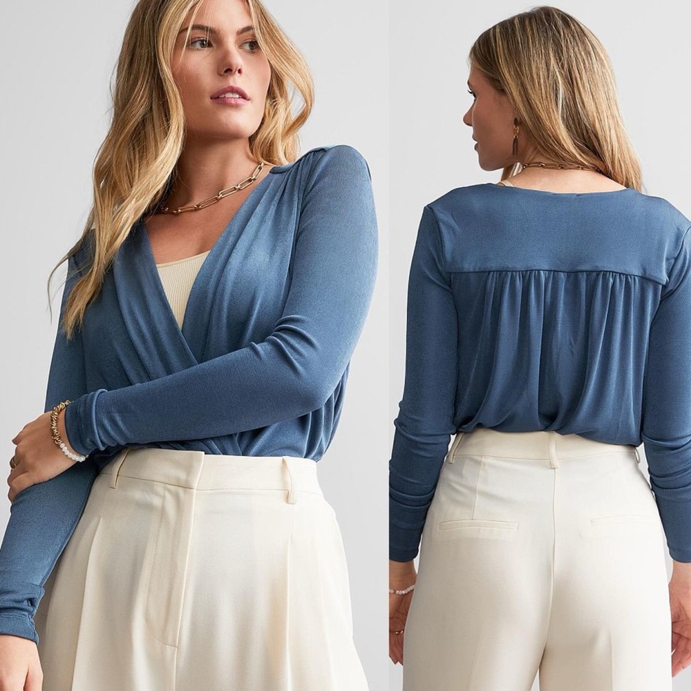 Free People Deep Blue Turnt Sheen Long Sleeve Bodysuit Blouse XS
